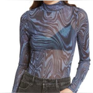 Good American  Swirl Midnight Blue And Black Mock Neck Sheer Bodysuit